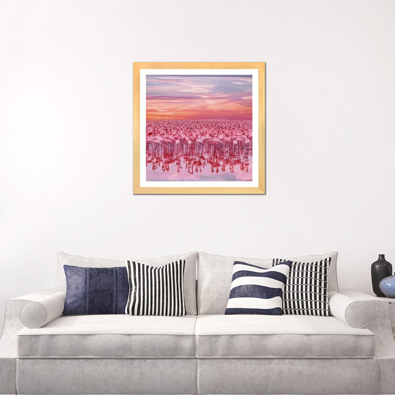 «Flamingo? S Sunset» par Hobopeeba - reproduction d'art, Toile avec cadre en bois beige, Blanc, H 24 po x l 24 po x p 1 po