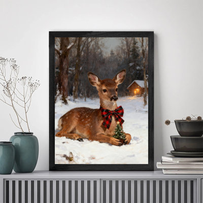 Black Framed Vintage Christmas Reindeer Wall Art Retro Style Framed Prints