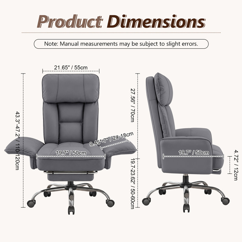 Fauteuil de bureau ergonomique de direction à dossier haut, accoudoirs rabattables et inclinable, repose-pieds rétractable, gris