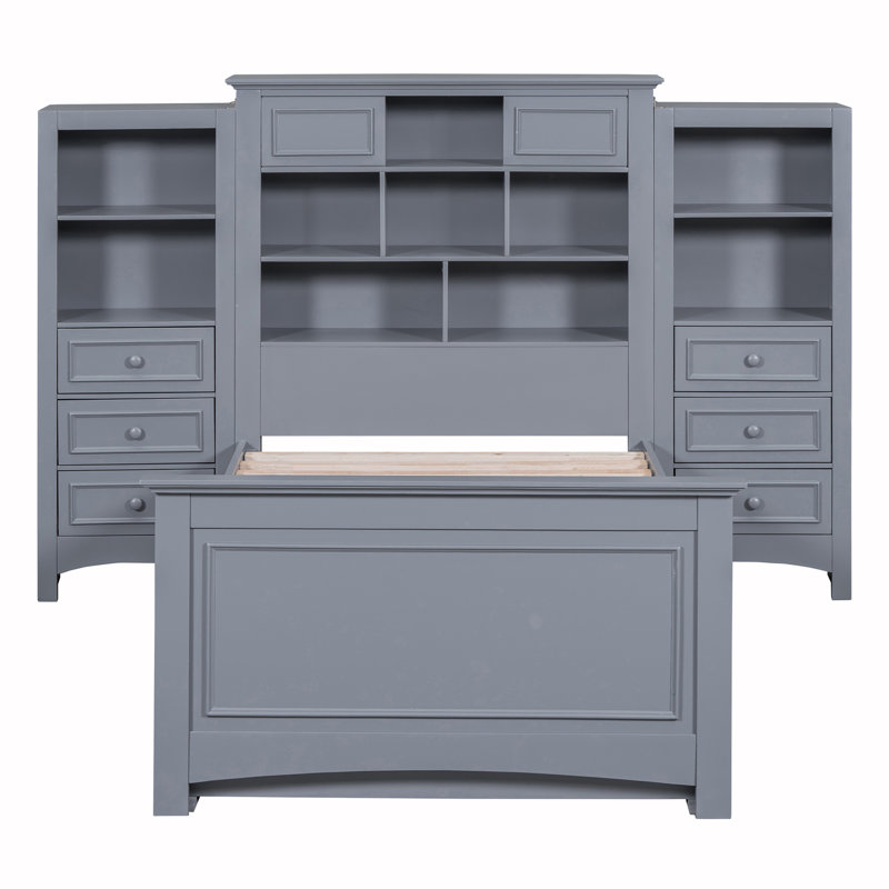 Stearns 14 Drawers Platform Standard Bed with Bookcase Storage Headboard, Gray