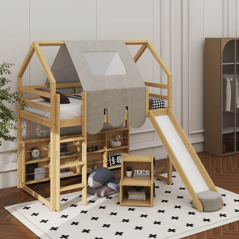 Lit mezzanine en bois avec structure en forme de maison et auvent de tente, Simple, Naturel / Beige