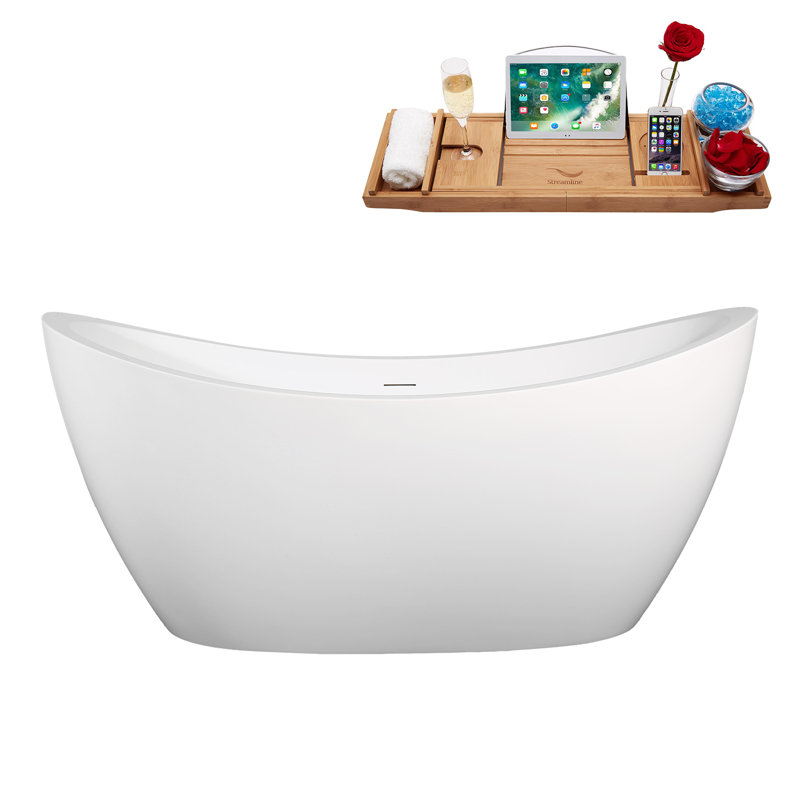 67" Streamline Soaking Matte White Freestanding Tub and Tray With Internal Drain, Polished Brass, Matte White