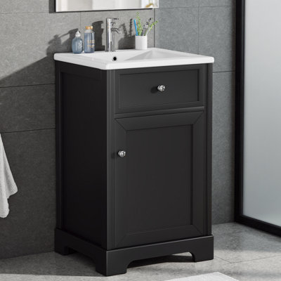Meuble-lavabo de 20 po avec lavabo et panneau de fibres à densité moyenne, porte à fermeture en douceur, support à deux niveaux + tablette réglable, robinet à un trou, bouchon de 100 lb, peu encombrant