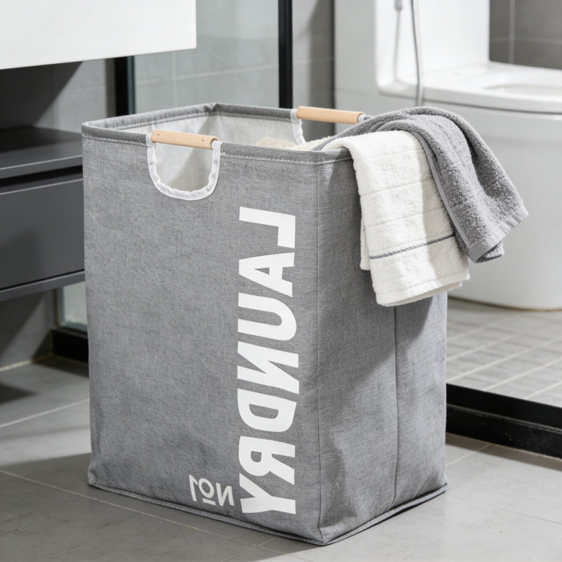 Panier à linge pliable avec poignées en bois - Panier de rangement en lin de coton grande capacité pour les vêtements, les jouets et l'organisation de la salle de bain