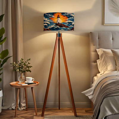  Tripod Standing Lamp Lighthouse Rocky Cliff Surrounded by Dramatic Waves Sunset Sky Cutout Remote Controlled Dimmable LED Floor Lamp with Beech Wood Legs & Detachable Linen Shade for Farmhouse Apartment Living Room and Bedroom