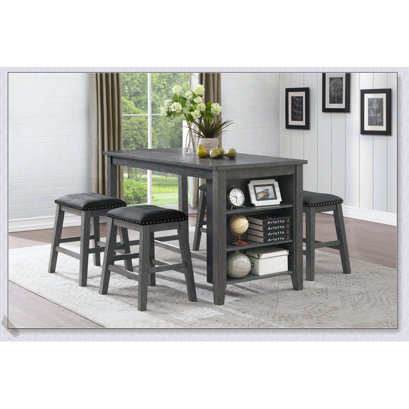 Ensemble de comptoir 5 pièces à finition grise avec table multifonctionnelle et 4 tabourets en similicuir noir, parfait pour les repas et les réceptions modernes