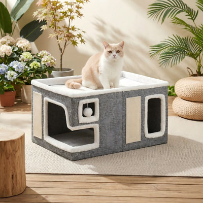 Lit-grotte extra large pour grands chats d'intérieur, maisonnette pliable pour chat avec cache-griffes et boule pelucheuse, lit pour chaton moderne, très grand, 23 x 16 x 13 po