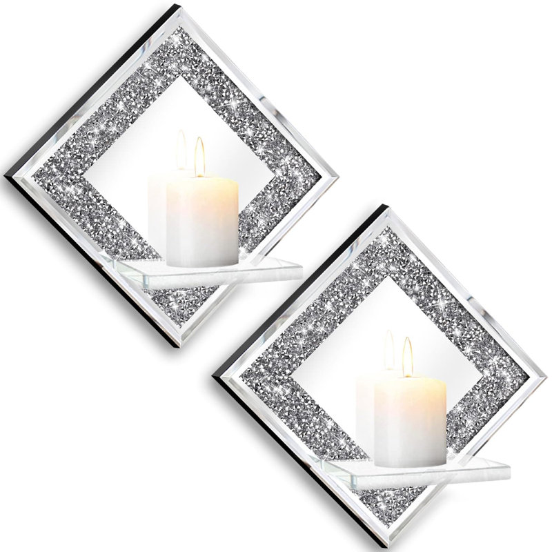 Diamond Wall Candle Holder Set Of 2, Silver Mirrored Crystal Candle Sconces With Crushed Glass, Modern Home Wall Decor For Living Room, Dining Room & Bedroom