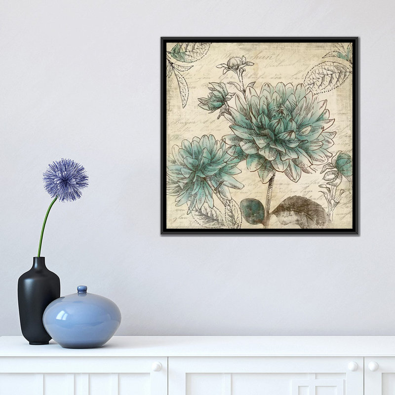 «Blue Botanical II», reproduction sur toile, H 18 po x l 18 po x P 1,5 po, Toile avec cadre noir, Pas de tapis