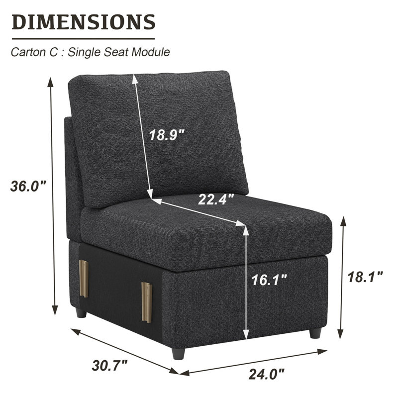 Module de siège simple sans accoudoirs pour canapé modulaire Rafael, Chenille grise foncée