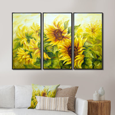 «Bright Yellow Sunny Sunflowers», ensemble de 3 toiles encadrées florales
