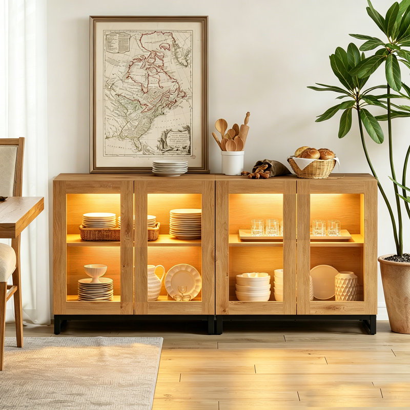 Buffet 2 en 1, 4 portes en verre avec tablette réglable et base en métal, armoire à café moderne pour la cuisine et le salon