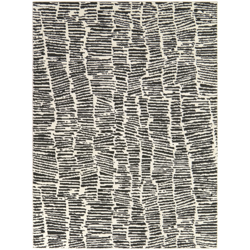Kuzman Cream/Black Modern Textured Stripe Area Rug, 7'10" x 10'