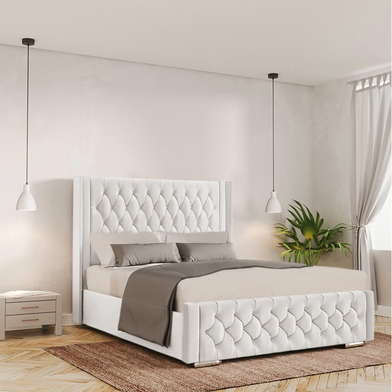 Barrientez Upholstered Ottoman Storage Bed, White, Double (4'6)