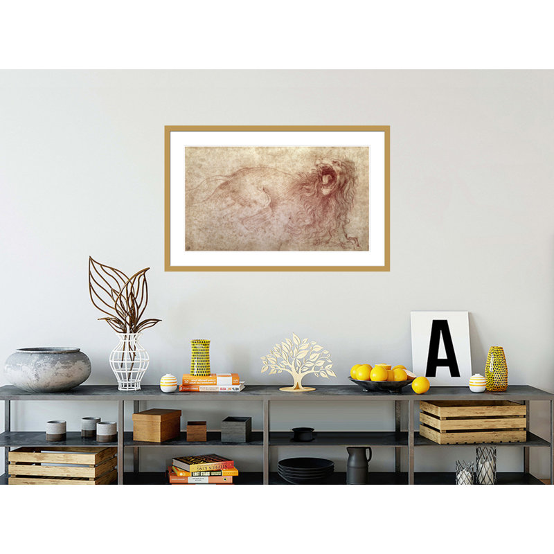 Esquisse d'un lion rugissant (craie rouge sur papier) par Leonardo Da Vinci, impression giclée encadrée