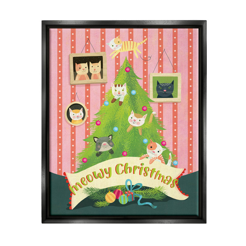«Meowy Christmas Cat Tree - Floater Frame», impression sur toile, H 31 po x l 25 po x P 1,7 po, Cadre flottant noir de jais
