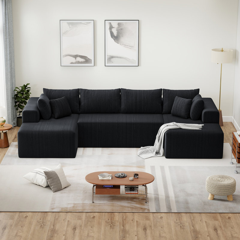 Boneless 132'' Modular Boneless Couches For Living Room, Corduroy Deep Seat Sofa With 2 Chaise Lounges And 1 Loveseat, Black