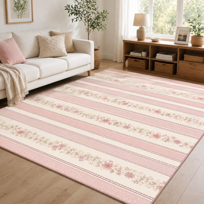 1Pcs Vintage floral stripe design - low plush, printed Soft Fabric carpet, washable and easy to clean, large thin rug, non-slip backing, suitable for living room, bedroom, kitchen, office indoor use for home detor