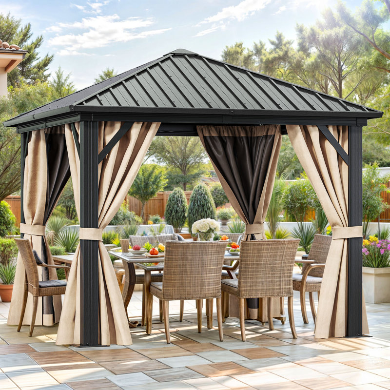 Pavillon de jardin en aluminium 10 x 10 pi avec toit en acier galvanisé, filet et rideaux, pour la cour, la terrasse, la pelouse ou l'extérieur