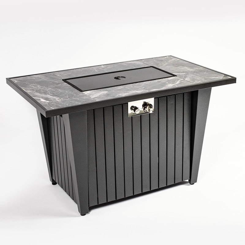 Steel Fire Pit Table with Tile Tabletop, Glass Wind Guard and Lid