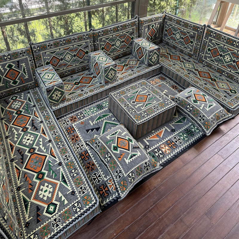 Canapé modulaire avec coussins Ethnique Kilim, Gris