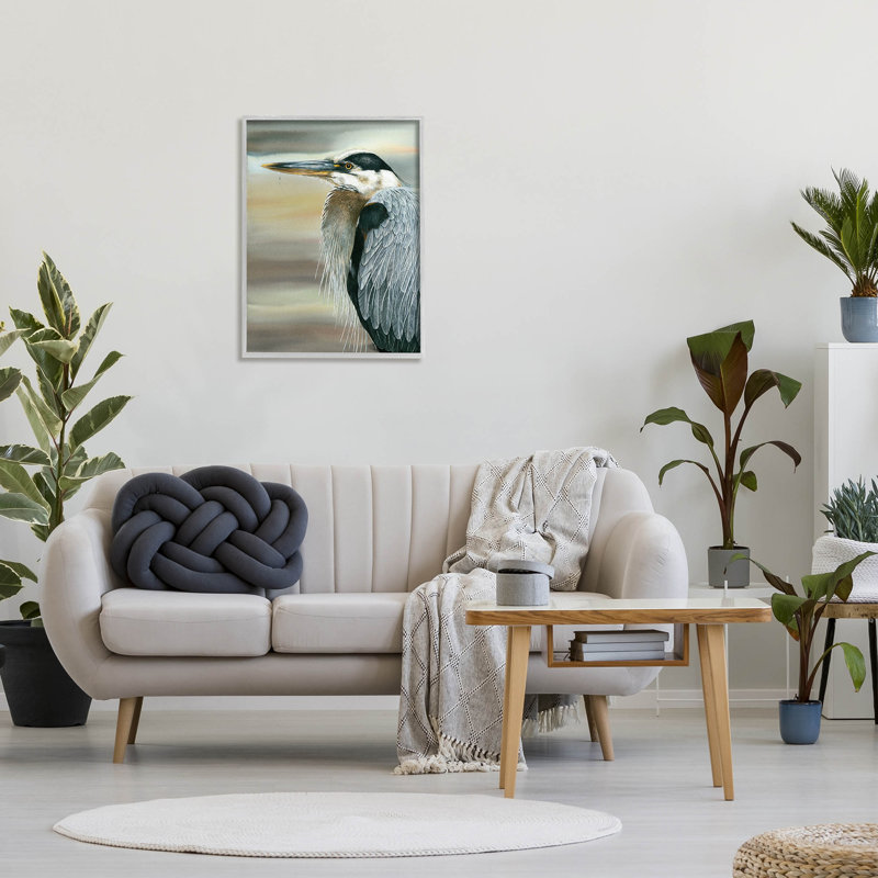 Gray Framed Heron Bird Feather Portrait Wood Wall Art