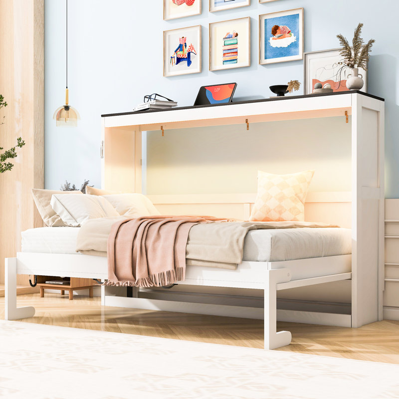 Lit mural blanc simple avec éclairage à DEL, armoire pliable, bois massif, ouverture hydraulique en douceur, idéal pour les espaces de travail à domicile dans les petites résidences, bois, système, dortoirs de bonne étude