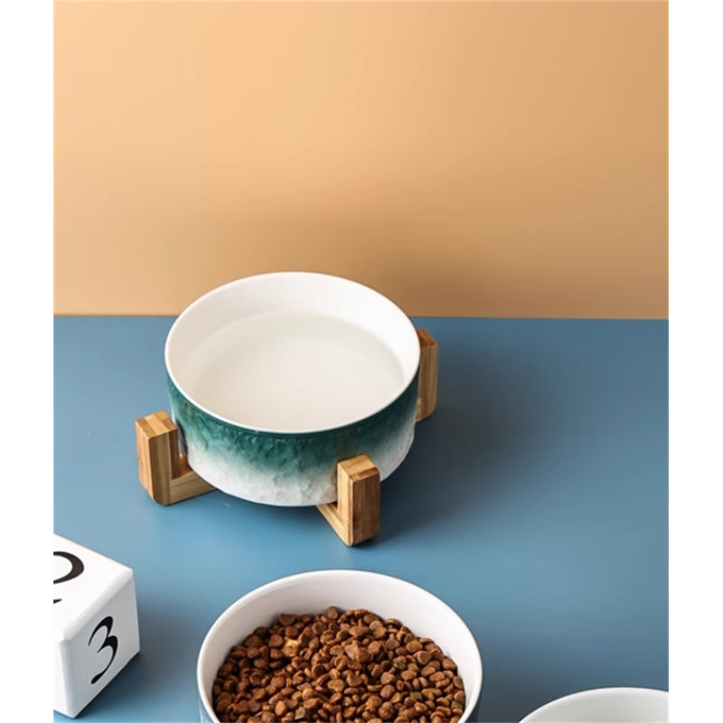 Bol en céramique pour animaux de compagnie avec motif en pierre et support en bambou, Vert