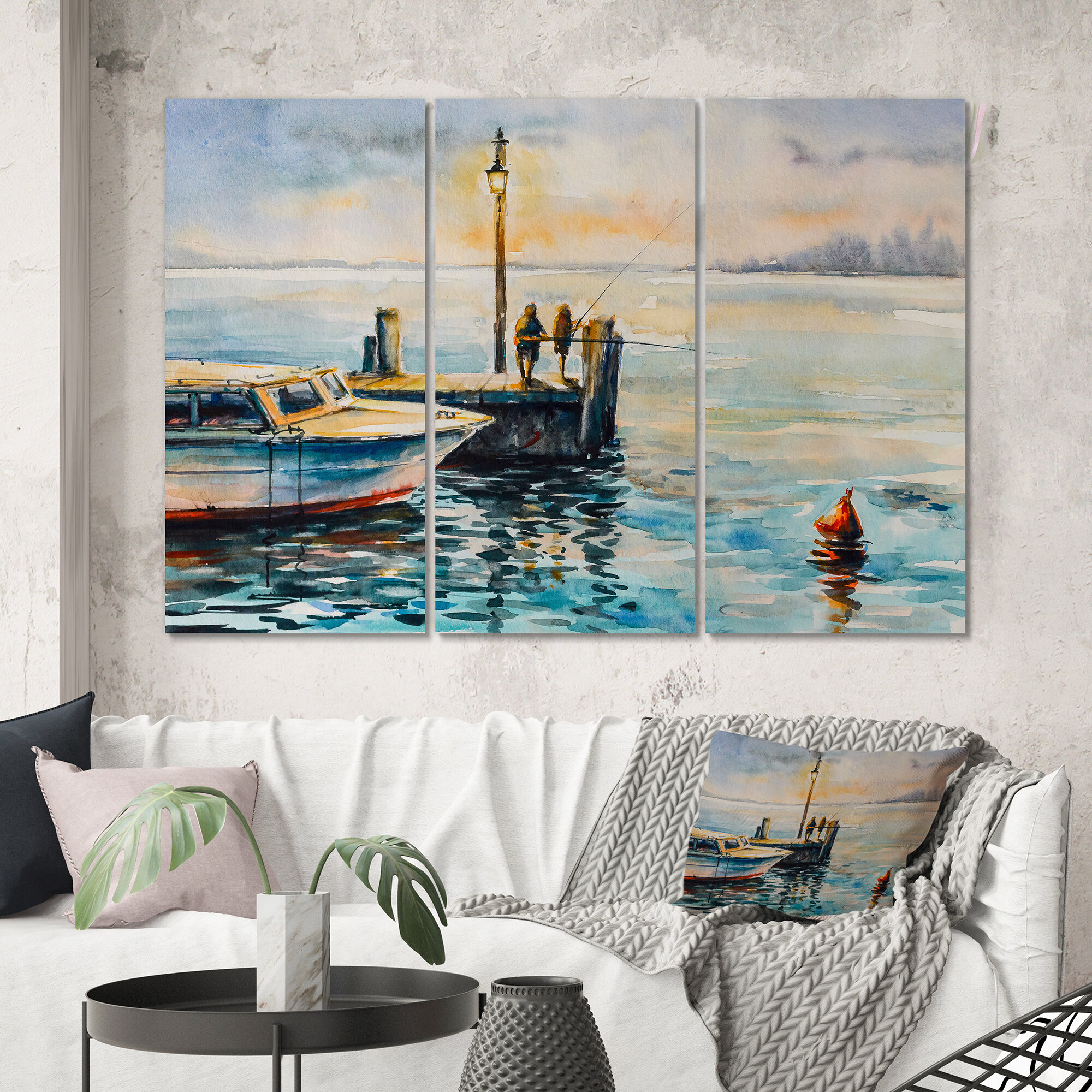 Bless international Two Men Fishing At Dusk At The Pier On Canvas 3 Pieces  Painting