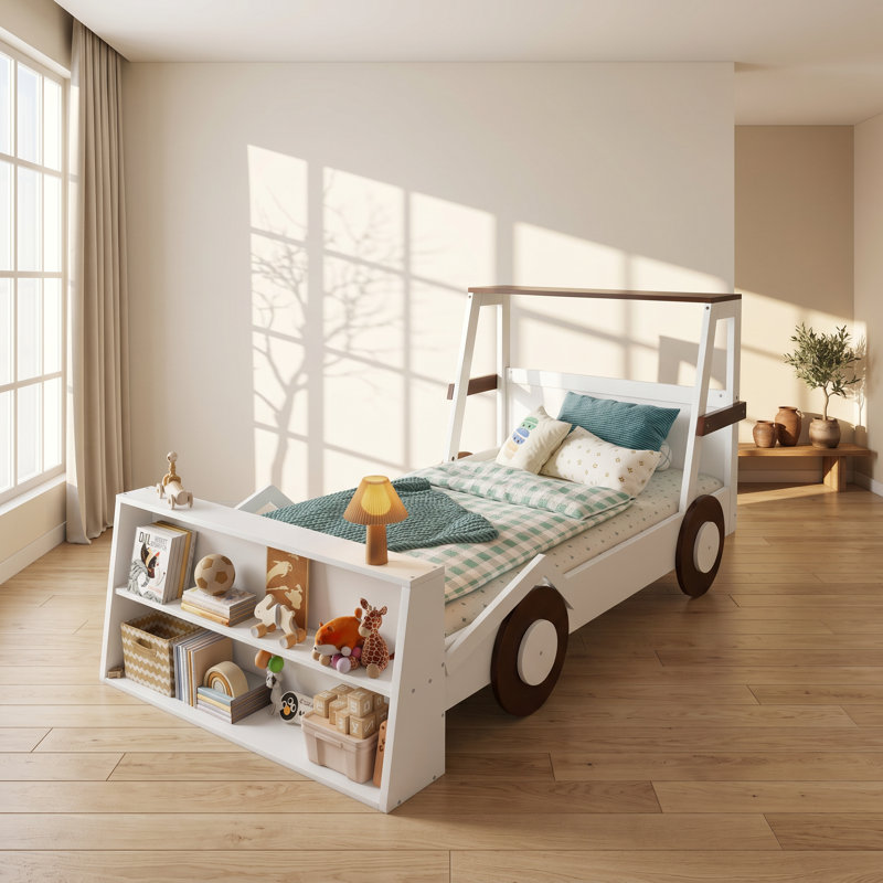 Lit voiture simple en bois de pin avec tablettes de rangement l 40,6 po x P 85,6 po x H 42,5 po Bonwell