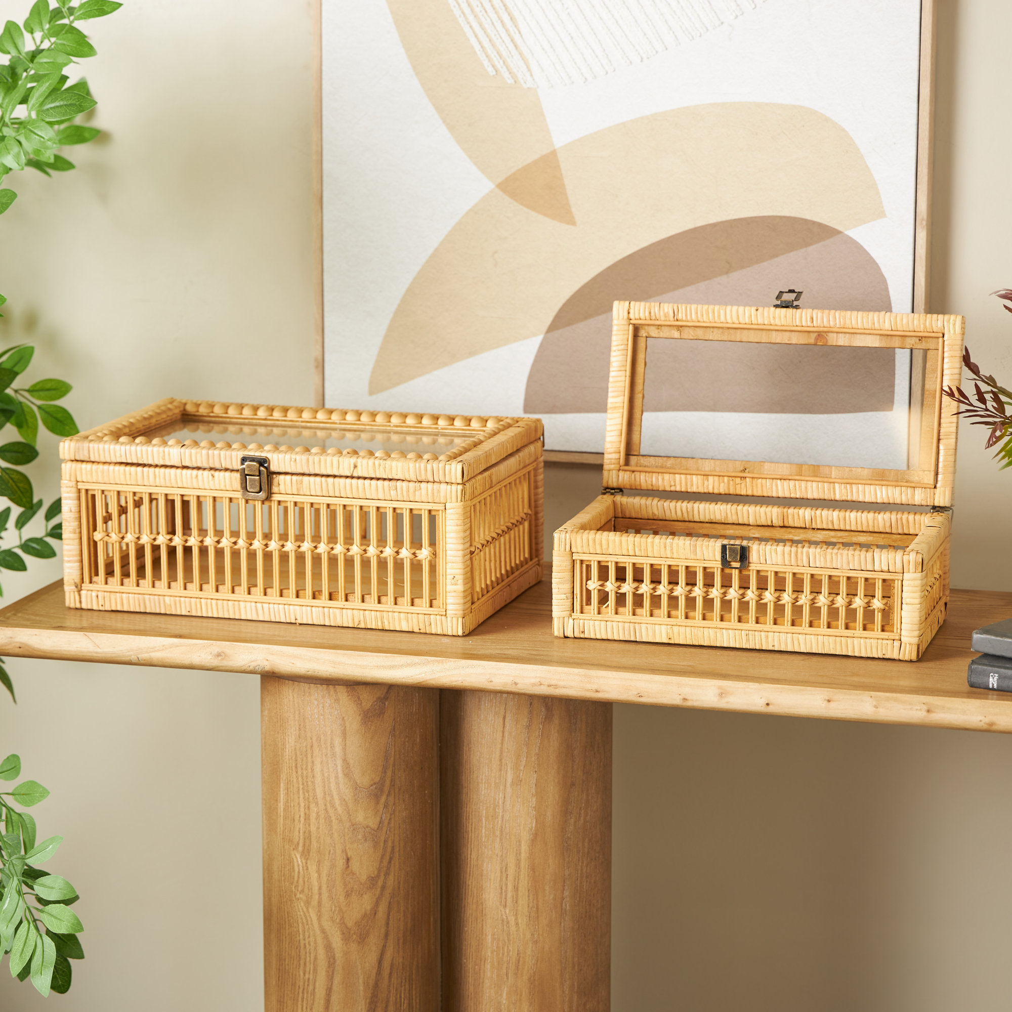 Cole And Grey Rattan Handmade Woven Storage Decorative Box With Glass Top And Bronze Latches