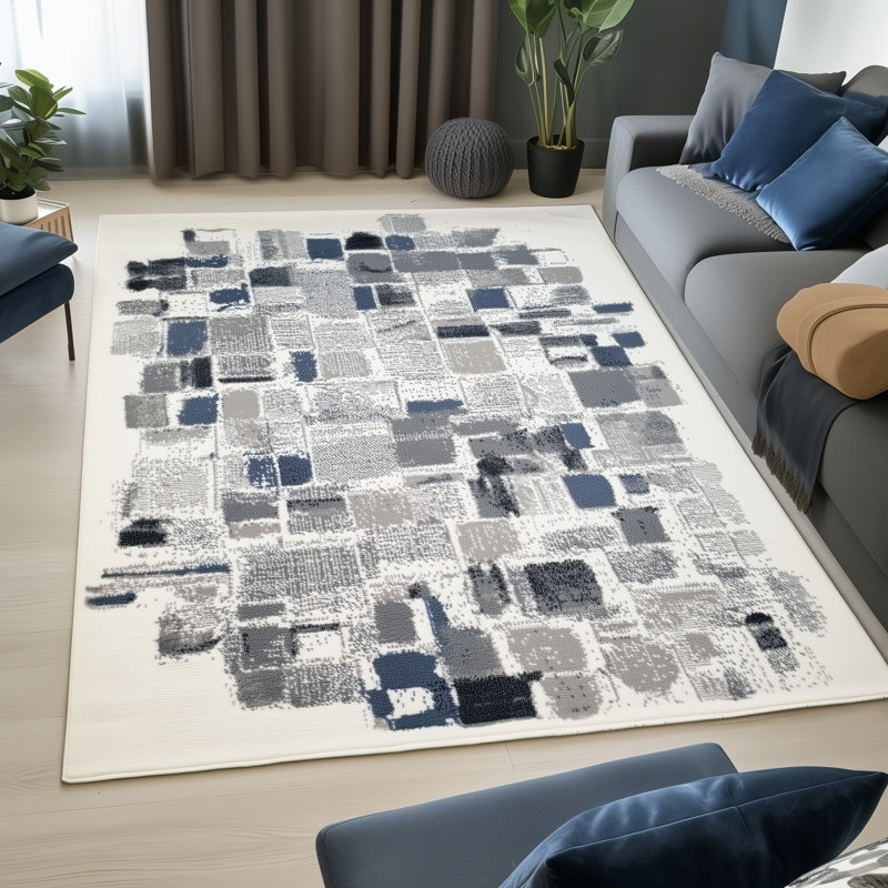 Abstract Rug Canvas Design Woven Cream Grey Blue, Rectangle 200 x 280 cm