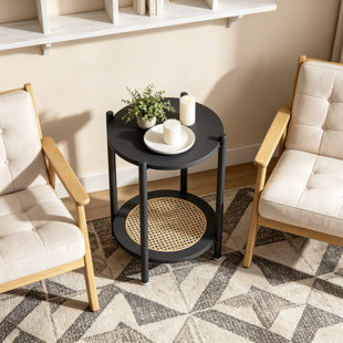 Small Round Side Table with 2-Tier Rattan Shelves, Farmhouse Wood End Table, Nightstand for Small Spaces, Bedroom, Living Room, Office