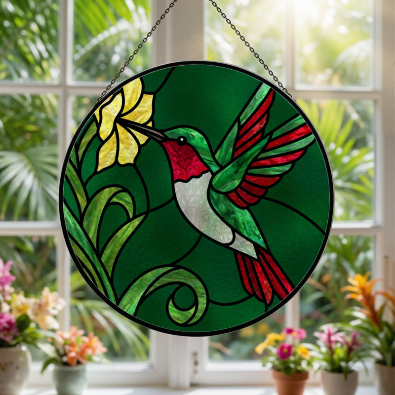 Panneau de vitrail 12 "Hummingbird Flower, H 12 po x l 12 po