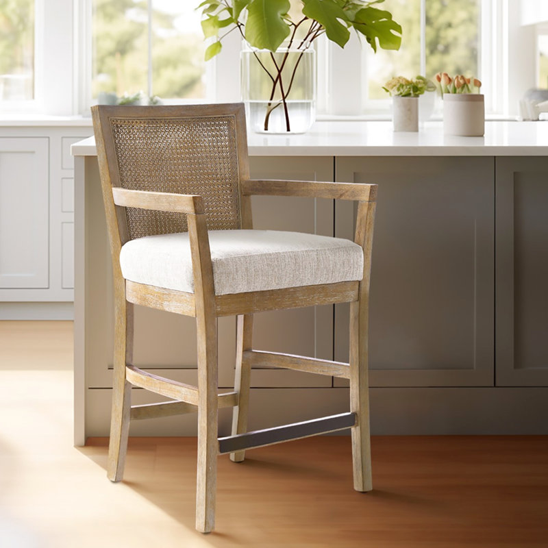 Tabouret de comptoir avec dossier en canne et rembourrage confortable au fini en structure de bois récupéré