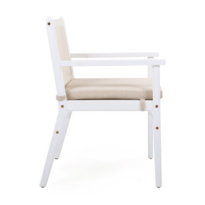 Ensemble de 2 chaises de salle à manger d'extérieur, fauteuil de patio en bois d'acacia avec dossier en corde et coussin hydrofuge, structure blanche, capacité de poids de 400 lb