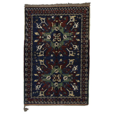 Kazak Wool Oriental Area Rug in Blue/Red