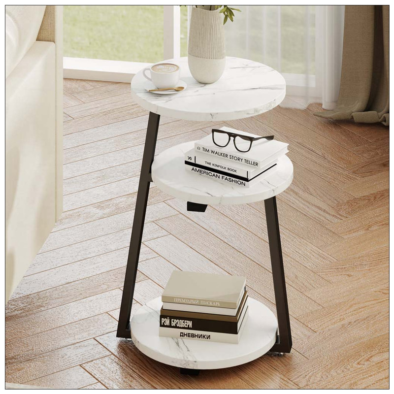 Petite table d'appoint ronde à 3 niveaux - blanche et noire avec structure en métal robuste, Noir
