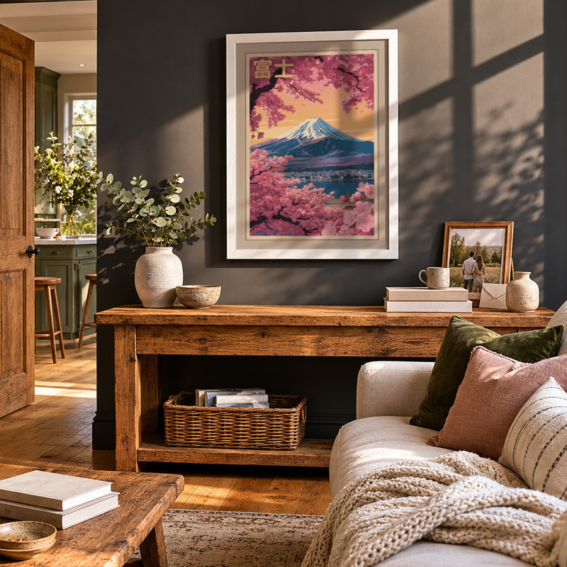 Mount Fuji in Bloom Japandi - Framed Print, A2 - 59.4 x 42.0 cm, White