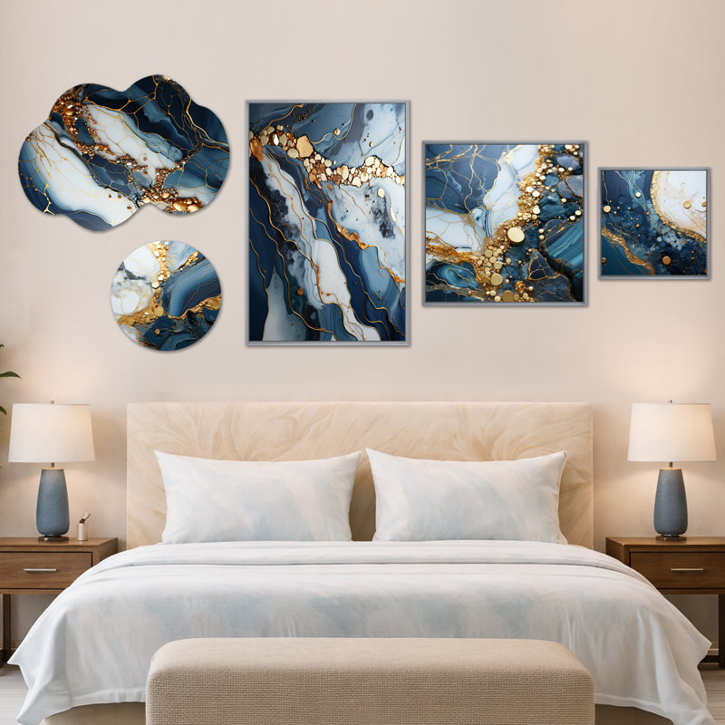 Gold & Blue Geode Art II - Large, art mural abstrait, ensemble de 5 reproductions d'art sur toile et métal (100 po x 40 po)
