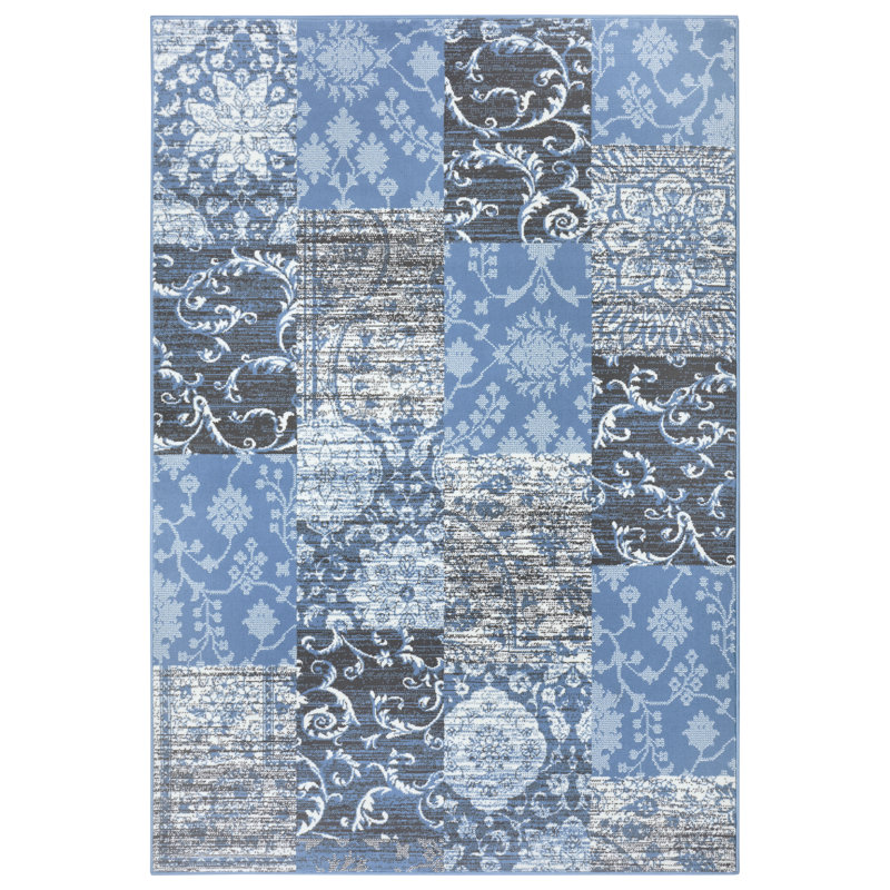 Designer Grey/Sky Blue Rug, Rectangle 80 x 150cm