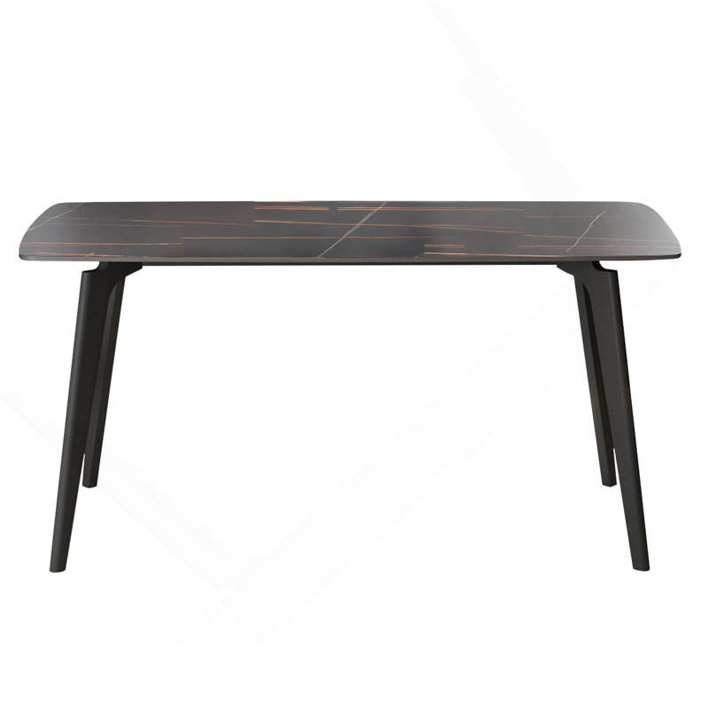 Table de salle à manger 62,99 po en pierre artificielle moderne à bord arrondi et pieds en métal noir pouvant accueillir 6 personnes (table de salle à manger seulement)