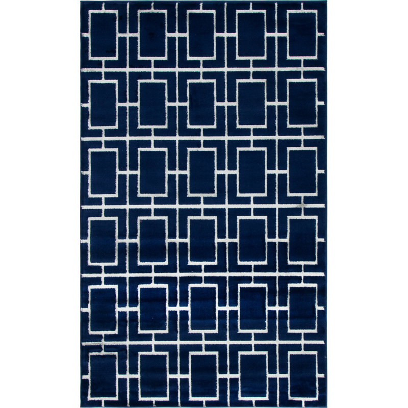 Glam Navy Blue Silver Area Rug, Rectangle 5'3" x 8'