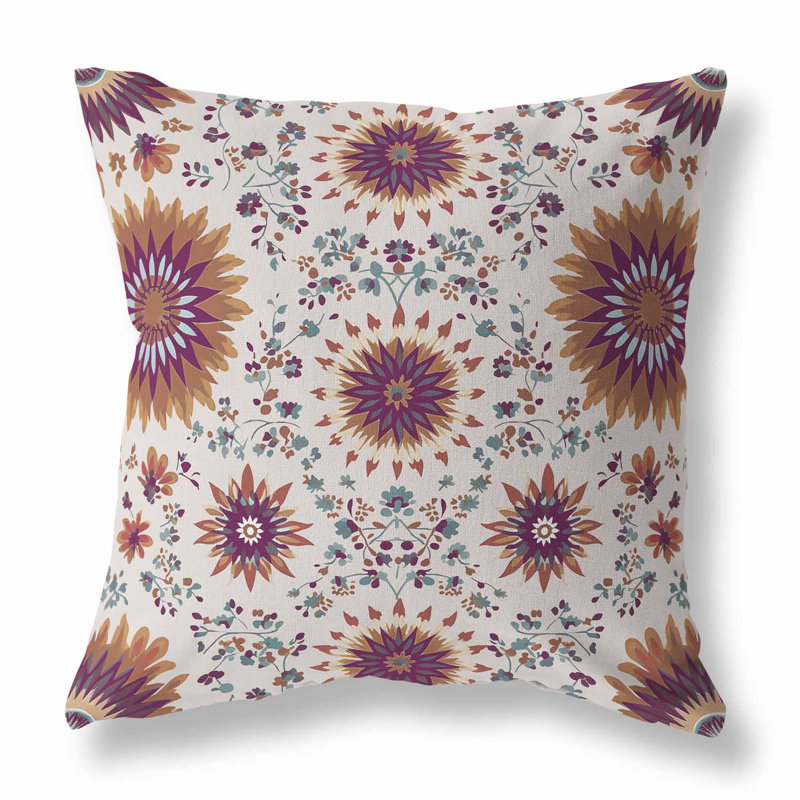 Coussin décoratif réversible Delightful Dandelions, H 16 po x l 16 po, Mauve / café floral / géométrique