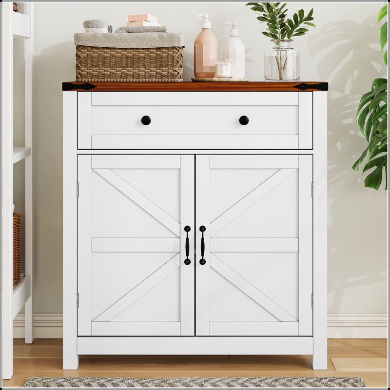 Armoire de rangement Farmhouse avec tiroir et tablette réglable, armoire de cuisine blanche avec comptoir en noyer, console de bar à café moderne pour une utilisation polyvalente