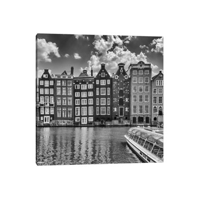 Amsterdam Damrak And Dancing Houses | Monochrome by Melanie Viola - Wrapped Canvas Print