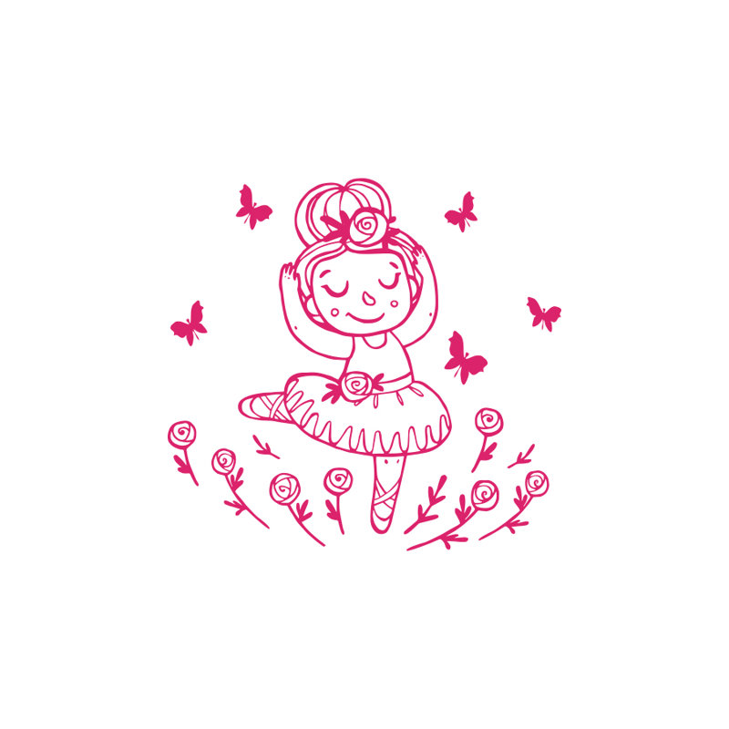 Décalcomanie murale ballerine avec papillons dessiné, Rose vif
