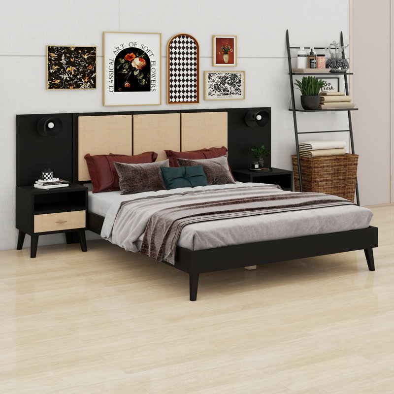 Structure de lit en bois massif avec tables de chevet, design élégant avec lampes, rotin et combinaison de bois, Noir