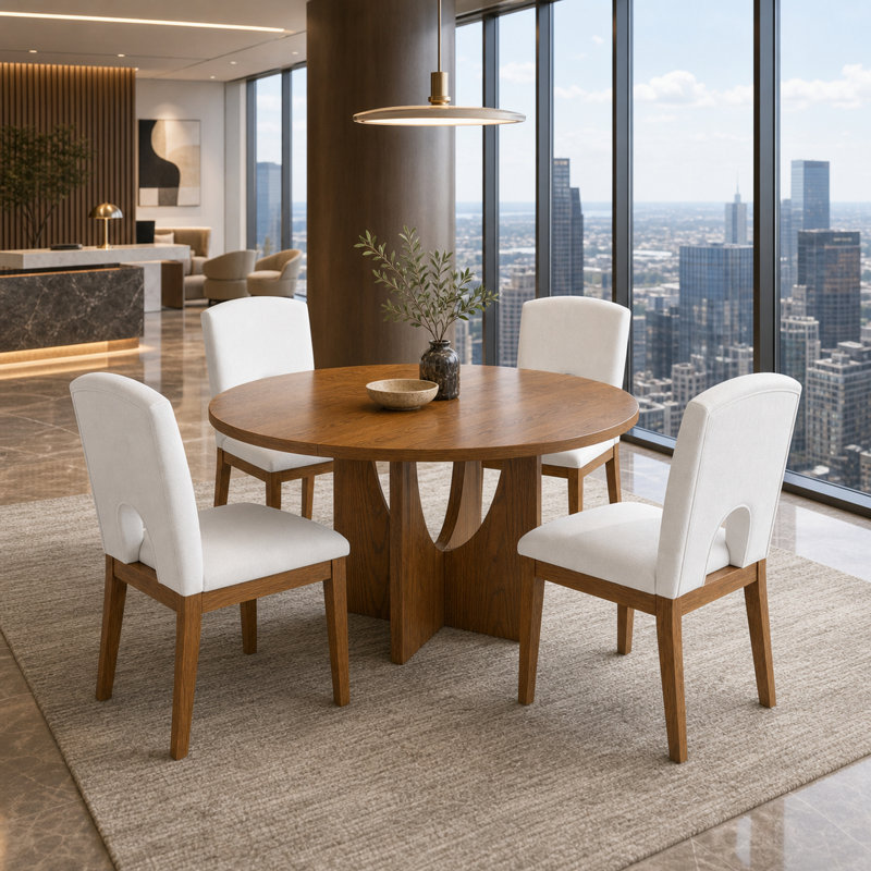 Ensemble de salle à manger extensible en bois massif avec 4 chaises rembourrées, une base à piédestal moderne et un dossier demi-rond