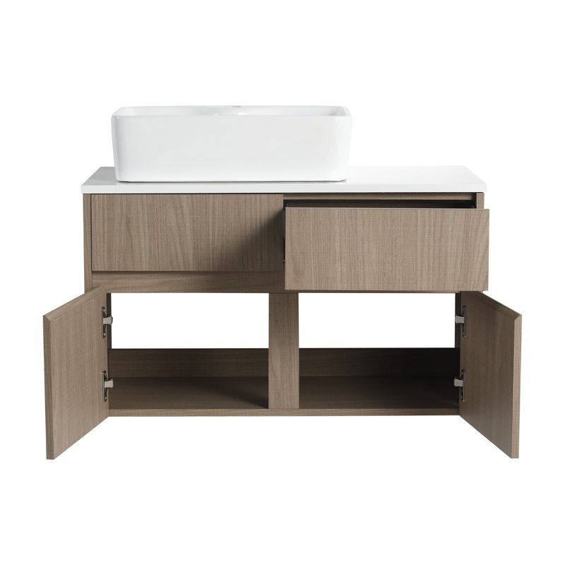 Meuble-lavabo mural 32 po avec vasque en céramique et portes à fermeture en douceur Waverly, Bouguer Walnut
